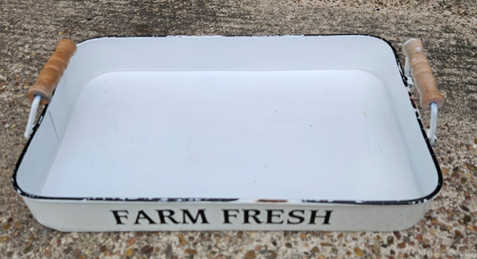 FARM FRESH WHITE ENAMELWARE GLAVANIZED TRAY WITH WOODEN HANDLES