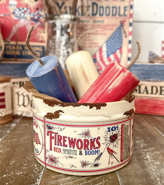 VINTAGE INSPIRED FIREWORKS TIN WITH RED, WHITE AND BLUE FIREWORKS