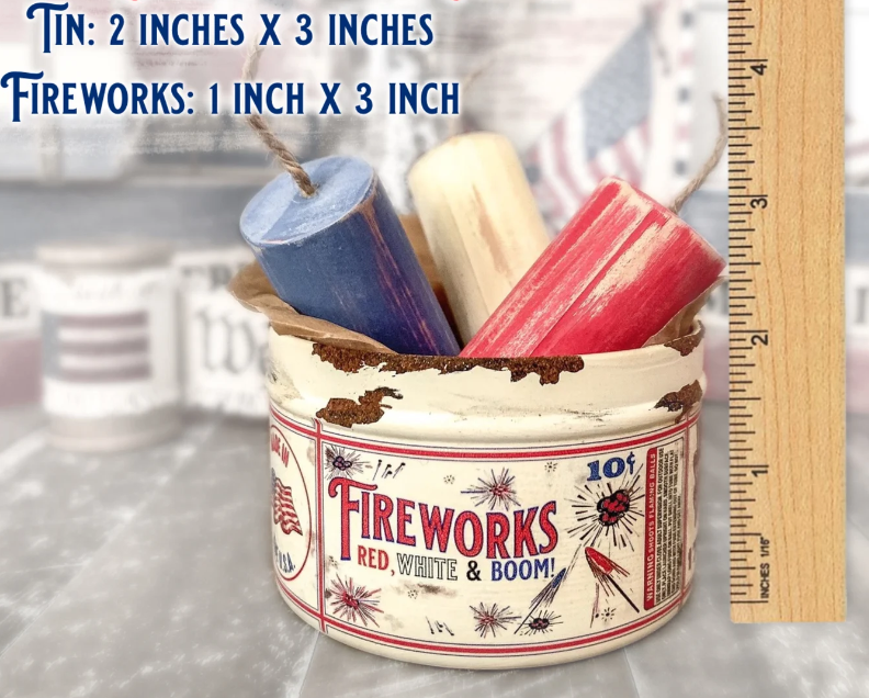 VINTAGE INSPIRED FIREWORKS TIN WITH RED, WHITE AND BLUE FIREWORKS