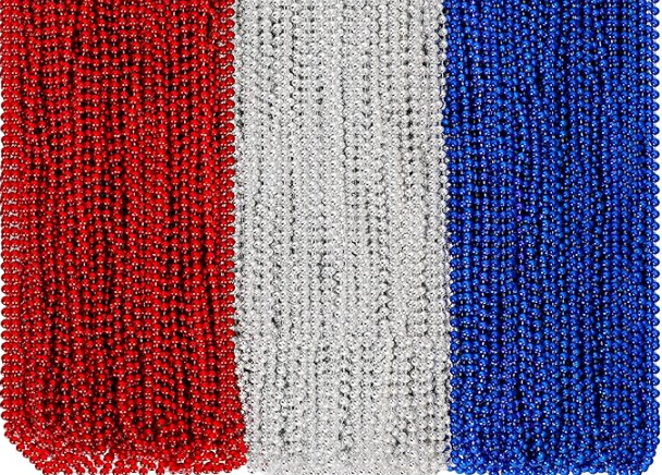 METALLIC PATRIOTIC JULY 4TH RED, BLUE AND SILVER BEAD NECKLACE