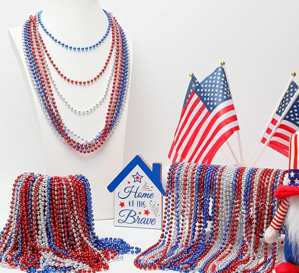 METALLIC PATRIOTIC JULY 4TH RED, BLUE AND SILVER BEAD NECKLACE