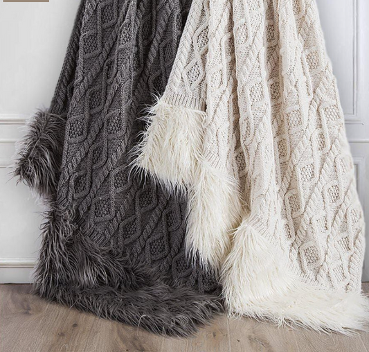 NORDIC CABLE KNIT & MONGOLIAN FUR THROW BLANKET - ASSORTED