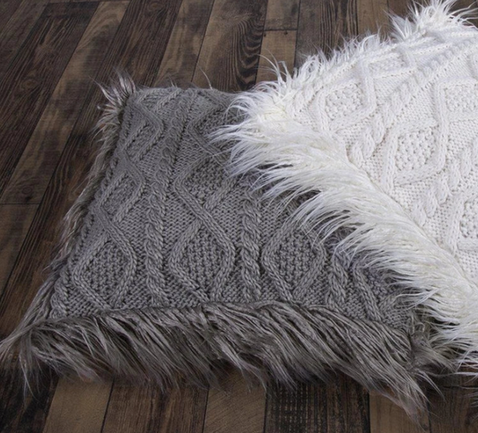 NORDIC CABLE KNIT & MONGOLIAN FUR THROW PILLOW - 18" x 18"