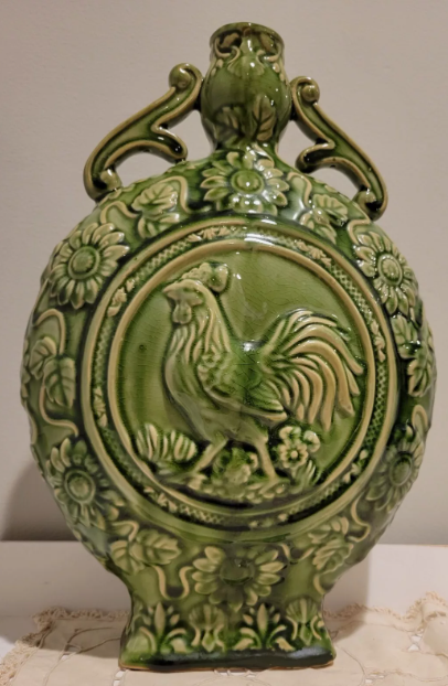 VINTAGE MAJOLICA EUROPEAN GREEN ROOSTER AND SUNFLOWER JUG - 14.5"T x 9.5"W