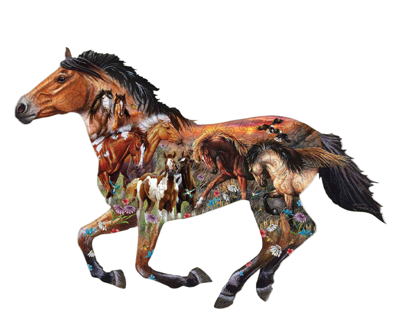 PASTURE SUNSET HORSE WOODEN JIGSAW PUZZLE