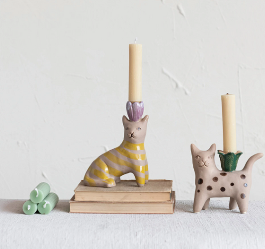 HAND-PAINTED STONEWARE CAT TAPER HOLDER - 2 STYLES
