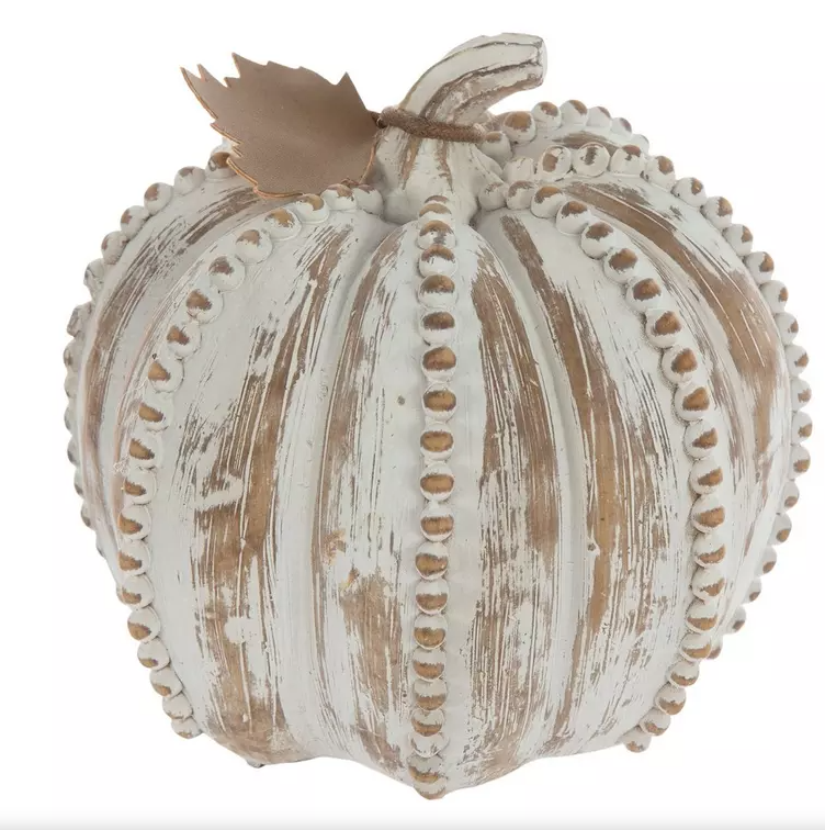 DISTRESSED WHITE BEADED RESIN PUMPKIN - ASSORTED