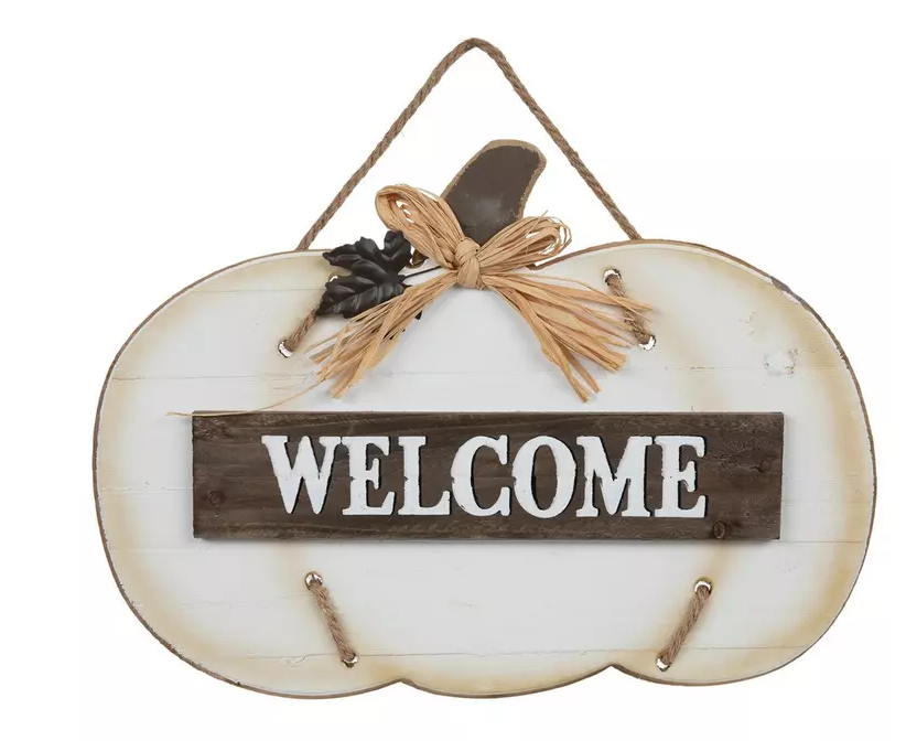 WHITE "WELCOME" PUMPKIN WALL DECOR