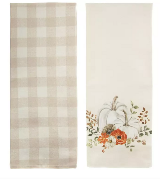 FALL PUMPKIN & CHECKER KITCHEN TOWELS - SET OF 2