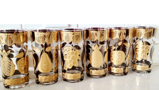 VINTAGE ALBERTO CULVER GOLD 22K FLORENTINE FRUIT HIGHBALL GLASSES - SET OF 8