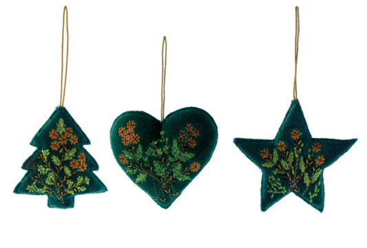 COTTON VELVET & GLASS BEAT EMBROIDERED ORNAMENTS - ASSORTED