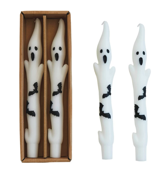 UNSCENTED GHOST SHAPED TAPER CANDLES W/ BATS - SET OF 2