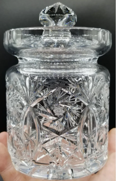 POLONIA CUT CRYSTAL BISCUIT JAR - STAR OF DAVID & WHEAT MOTIF - POLAND