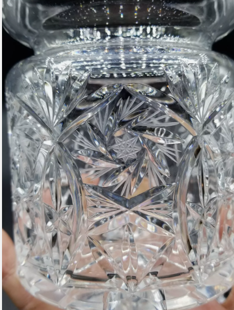 POLONIA CUT CRYSTAL BISCUIT JAR - STAR OF DAVID & WHEAT MOTIF - POLAND