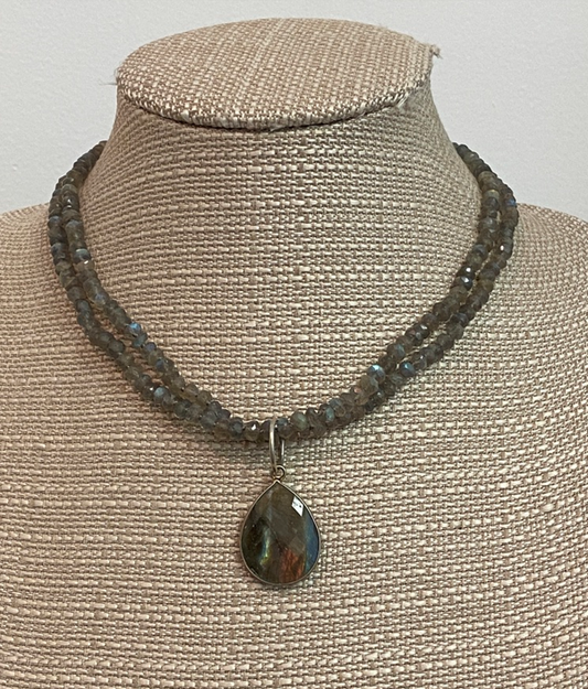 NANCY SCOFIELD JEWELRY - 16" DOUBLE STRAND LABRADORITE RONDELLE NECKLACE, W/ SS RIMMED LABRADORITE PENDANT