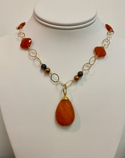 NANCY SCOFIELD JEWELRY - 22" GF LINK CHAIN CARNELIAN W/ DENIM & BRONZE PEARL BEADS W/ CARNELIAN GOLD RIMMED PENDANT