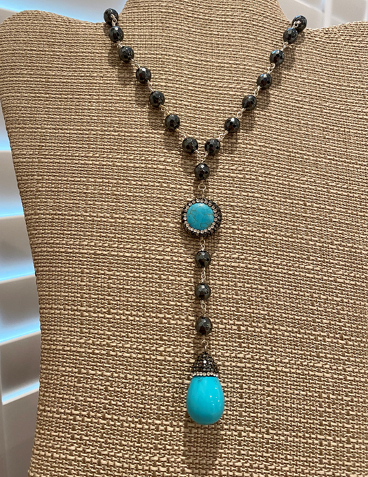 NANCY SCOFIELD JEWELRY - 28" PYRITE BEAD SILVER LINK CHAIN W/ CZ RIMMED TURQUOISE PEARL & CZ RIMMED TURQUOISE DROP