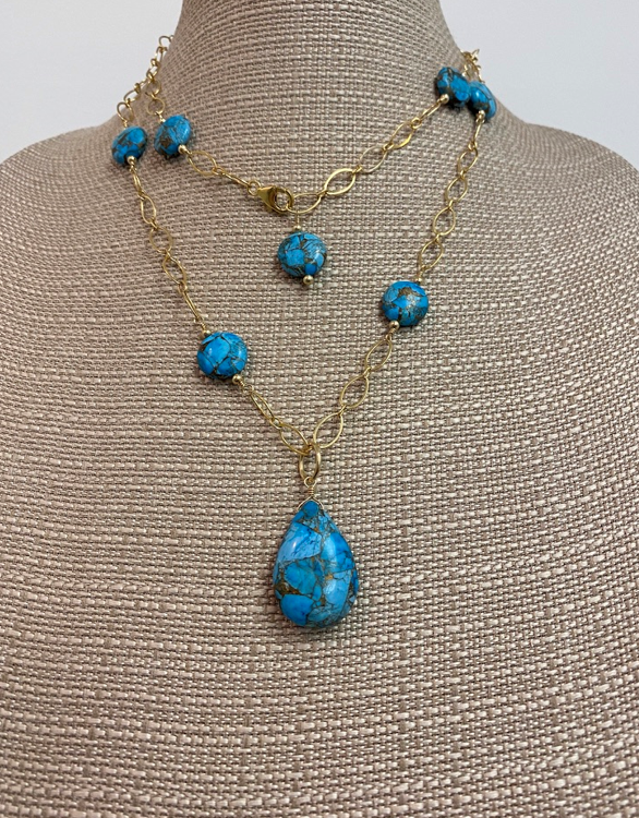 NANCY SCOFIELD JEWELRY - 36" GF LINK CHAIN 10MM MOSAIC TURQUOISE BEADS W/ TEAR DROP MOSAIC PENDANT