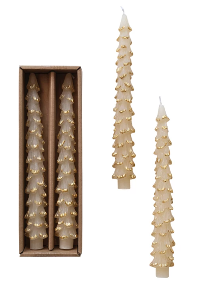 UNSCENTED TREE SHAPED TAPER CANDLES IN BOX -EGGNOG SET OF TWO