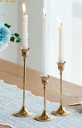 BRASS GOLD METAL TAPER CANDLESTICKS - SET OF 3