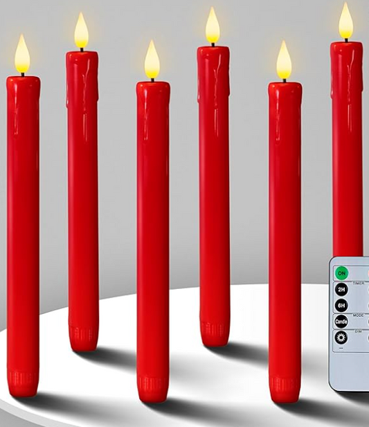 FLAMELESS LED TAPER CANDLE WITH REMOTE TIMER DIMMER - RED