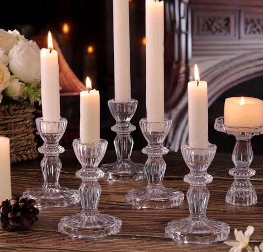 CLEAR GLASS TAPER CANDLESTICK HOLDERS