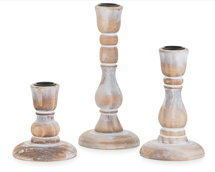 WHITE-WASHED WOOD TAPER CANDLE HOLDERS - SET OF 3
