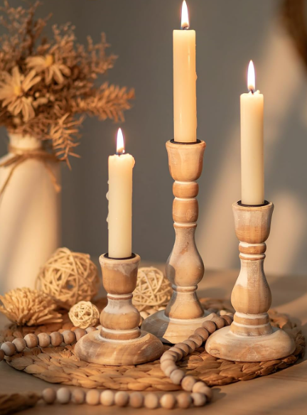 WHITE-WASHED WOOD TAPER CANDLE HOLDERS - SET OF 3