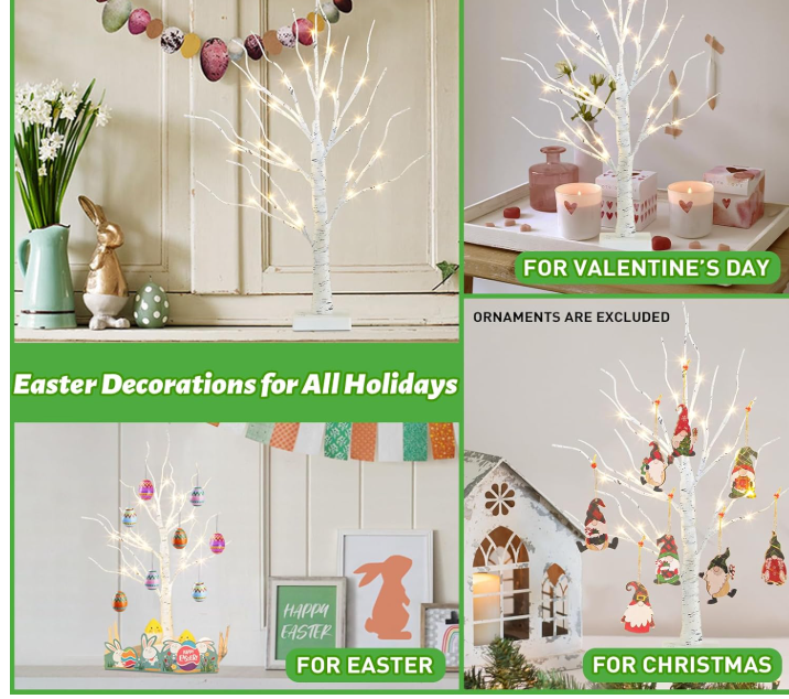 LED ORNAMENT TREE - 2FT BIRCH WITH LED LIGHTS (BATTERY POWERED W/TIMER