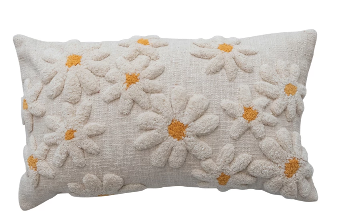 COTTON LUMBAR PILLOW WITH TUFTED DAISY FLOWERS - 14" x 24"