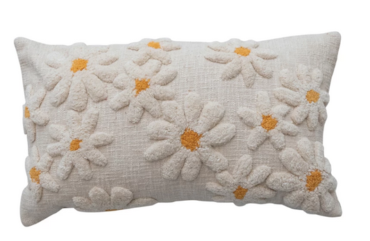 COTTON LUMBAR PILLOW WITH TUFTED DAISY FLOWERS - 14" x 24"