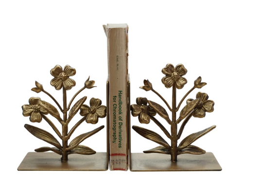 CAST IRON FLOWER SHAPED BOOKENDS - GOLD FINISH SET OF 2