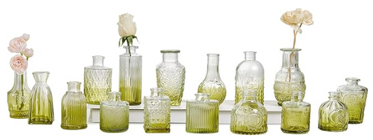 VINTAGE STYLE GLASS BUD VASES - ASSORTED GREEN
