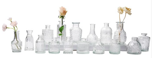 VINTAGE STYLE GLASS BUD VASES - ASSORTED CLEAR