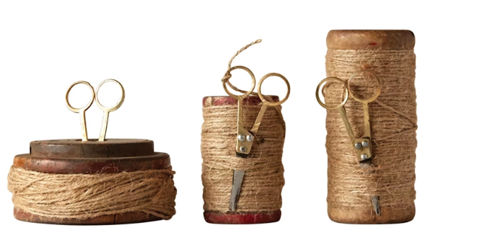 FOUND WOODEN SPOOLS WITH JUTE & SCISSORS - ASSORTED