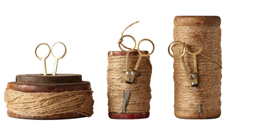 FOUND WOODEN SPOOLS WITH JUTE & SCISSORS - ASSORTED