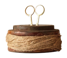 FOUND WOODEN SPOOLS WITH JUTE & SCISSORS - ASSORTED
