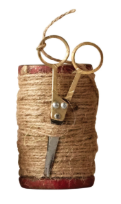 FOUND WOODEN SPOOLS WITH JUTE & SCISSORS - ASSORTED