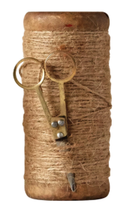 FOUND WOODEN SPOOLS WITH JUTE & SCISSORS - ASSORTED