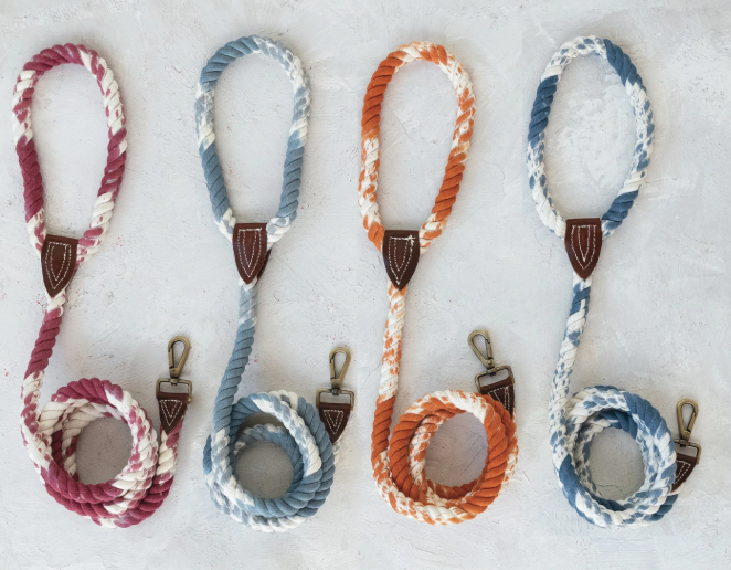 6' BRAIDED COTTON ROPE & LEATHER DOG LEASH W/ METAL CLASP - ASSORTED