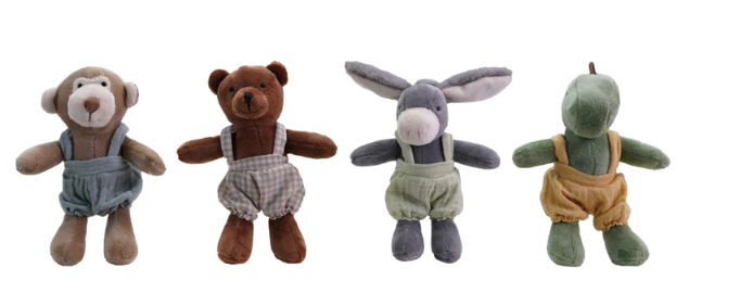 PLUSH ANIMALS IN COTTON OVERALLS - ASSORTED