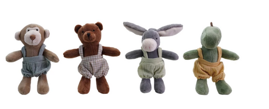PLUSH ANIMALS IN COTTON OVERALLS - ASSORTED
