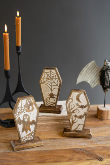 HALLOWEEN CARVED WOODEN COFFINS - ASSORTED