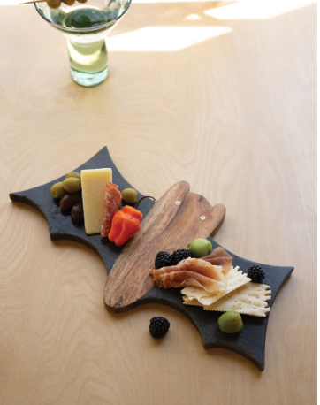 HALLOWEEN MARBLE AND ACACIA WOOD BAT CHEESE BOARD