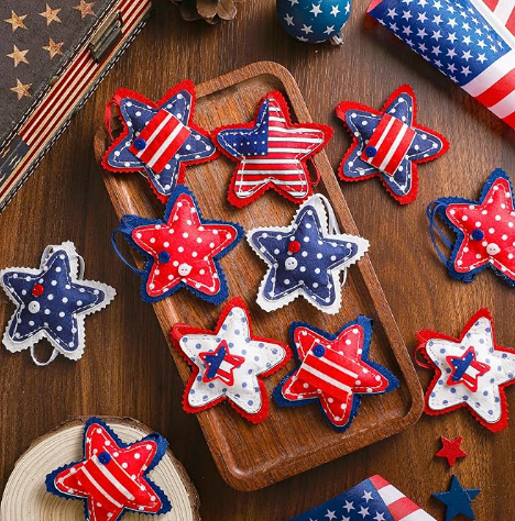 PATRIOTIC RED WHITE & BLUE FELT STAR ORNAMENTS 3.14"