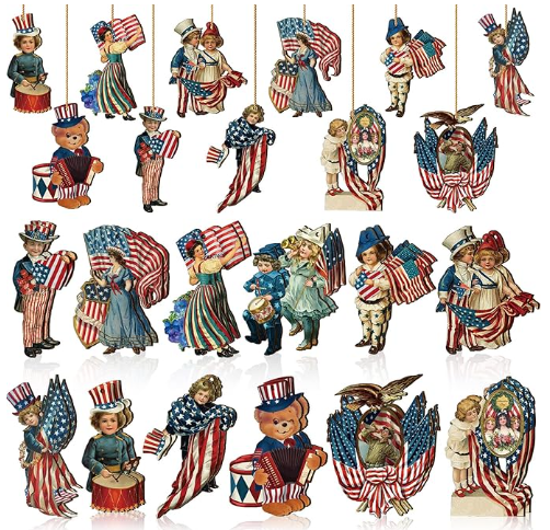 VINTAGE STYLE PATRIOTIC WOODEN TREE ORNMENTS - ASSORTED