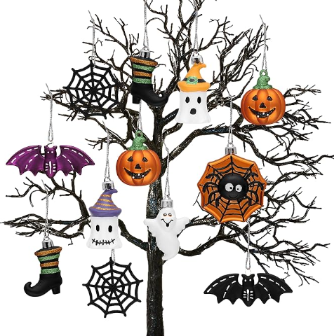 HALLOWEEN SPIDER, BAT, GHOST, JACK-O-LANTERN, PUMPKIN SHATTERPROOF ORNAMENTS - ASSORTED