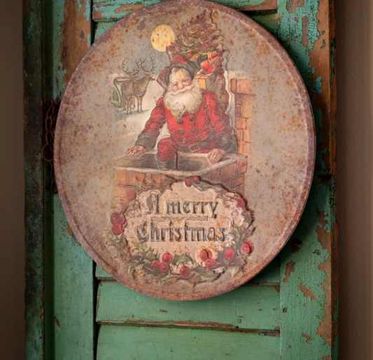 MERRY CHRISTMAS SANTA EMBOSSED ROUND METAL SIGN