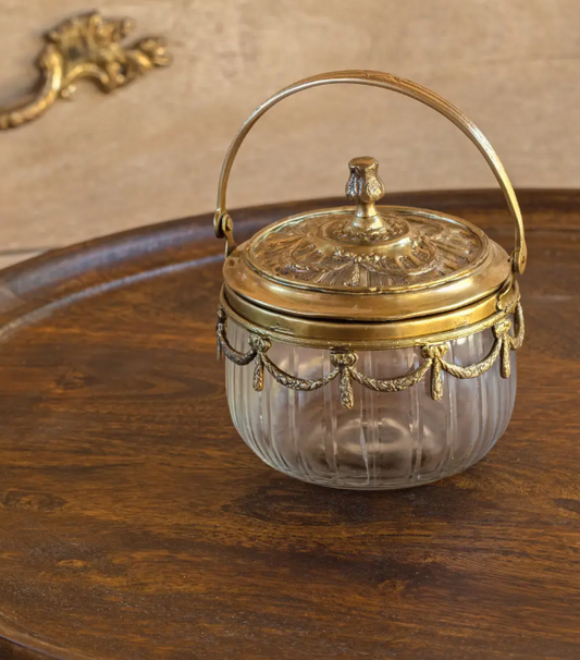 ANTIQUE GOLD VANITY JAR WITH HANDLE