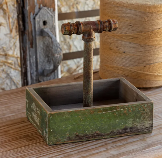 PAINTED WOOD FOLK ART CADDY WITH IRON HANDLE